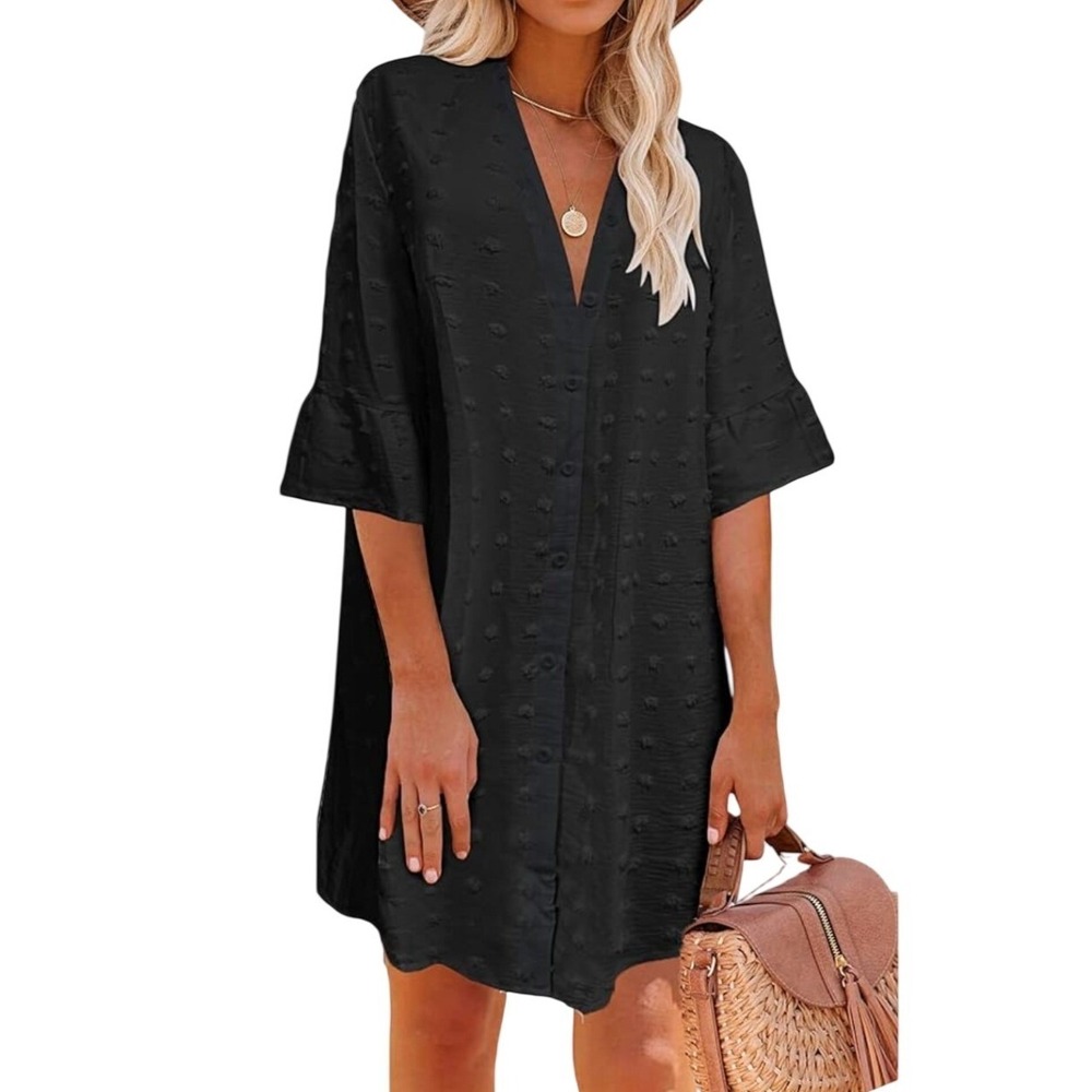 ELESOL Women's Size Large Black Swiss‎ Dot Button Front Tunic Dress Cover up